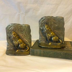 Brass Lions in the jungle bookends or doorstops - antique; copper over cast iron